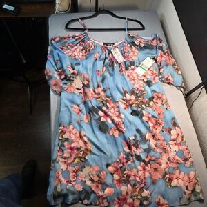 Karen Kane Blue Pink Floral Cold Shoulder Mini Dress 1L93515 Womens Large NWT